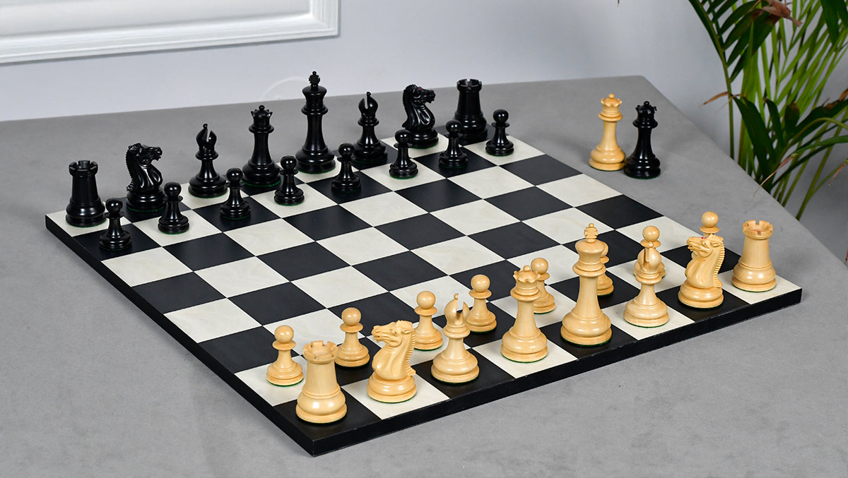 1849 Original Staunton Pattern Wooden Heavy Chess Pieces in Ebony / Boxwood with King Side Stamping - 3.75" King