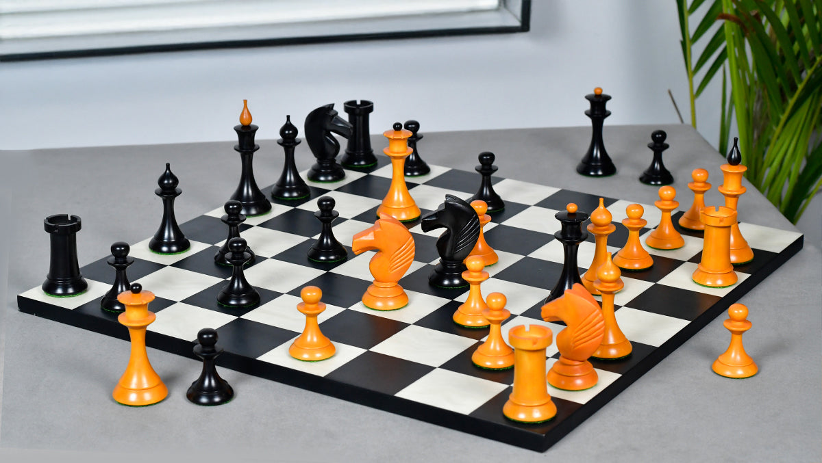 1950s' Soviet (Russian) Latvian Chess Pieces in Ebonized Boxwood / Antiqued Boxwood - 4.1" King Weight 1050 - grams