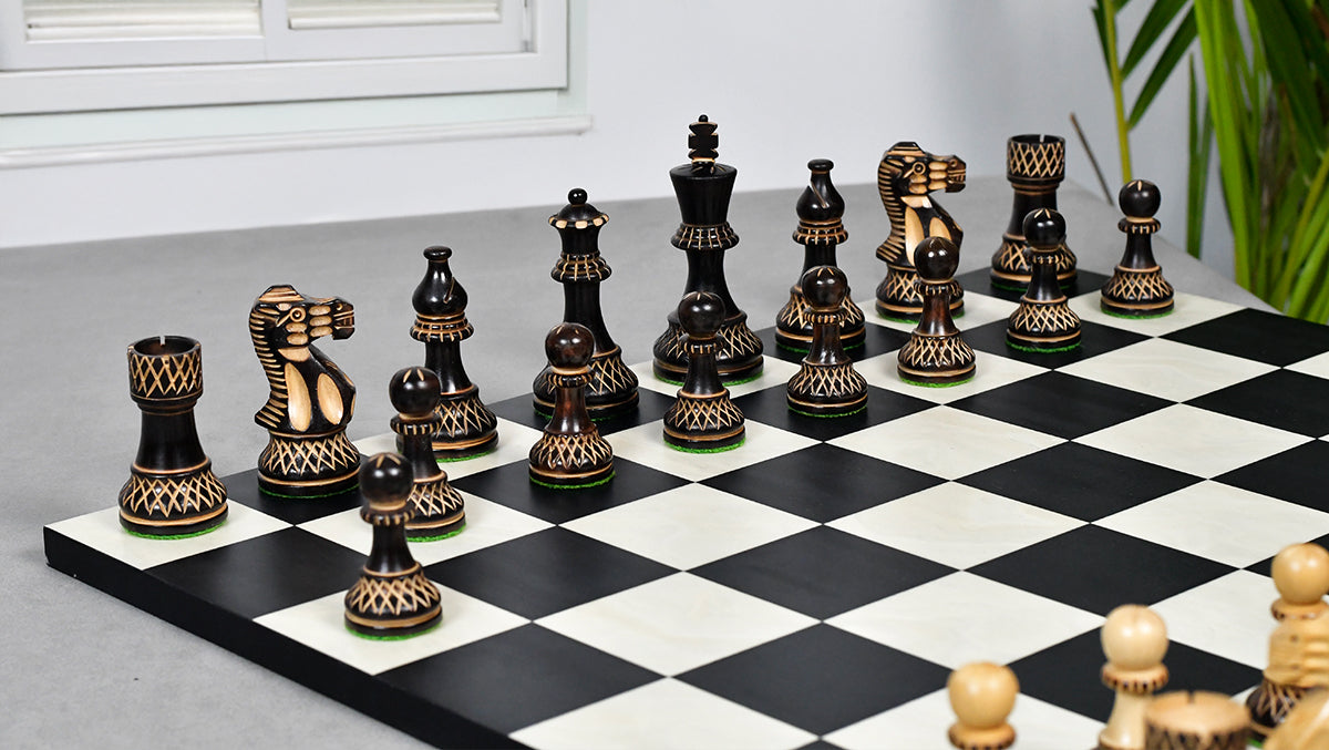 Burnt Blazed Series Handcarved Chess Pieces in Burnt Box Wood - 3.8" King - Best Seller