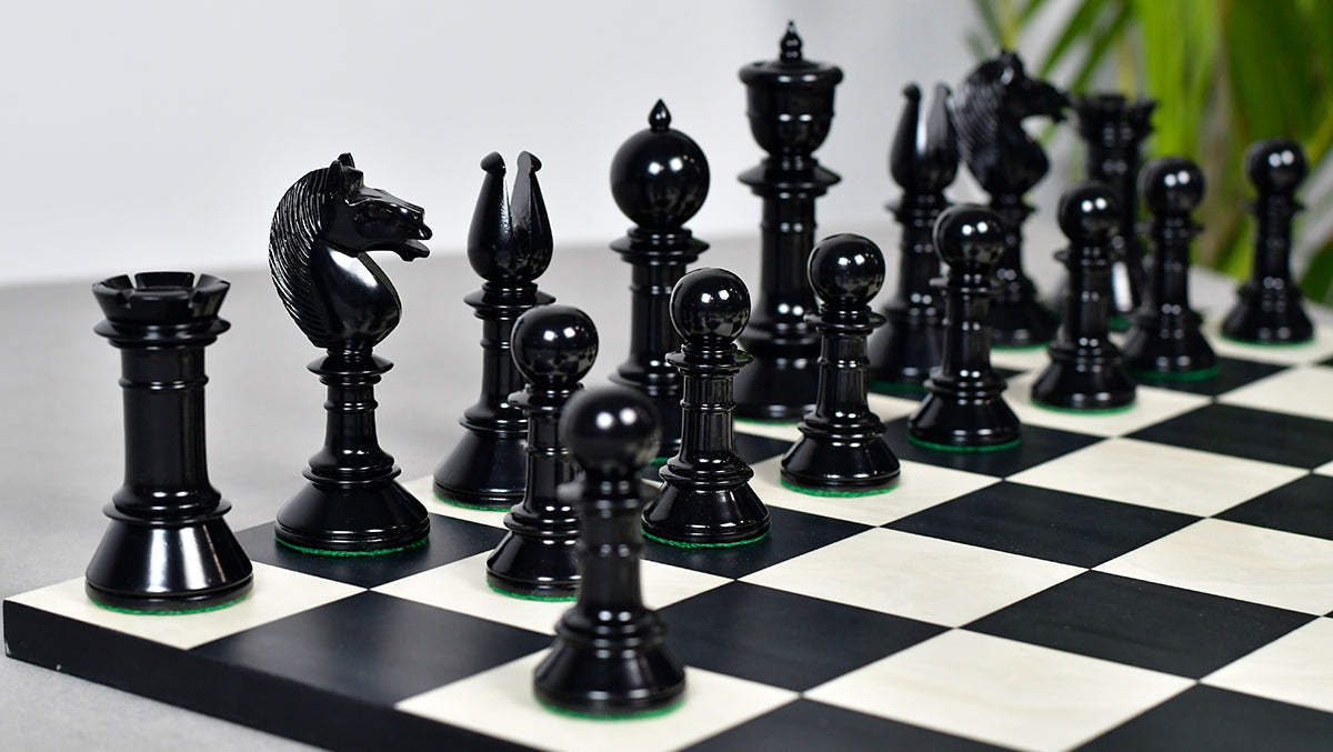 Exclusive Repro Old Antique Edinburgh Upright Chess Pieces in Distressed Boxwood and Ebonized Wood - 4.4" King with Extra Queens
