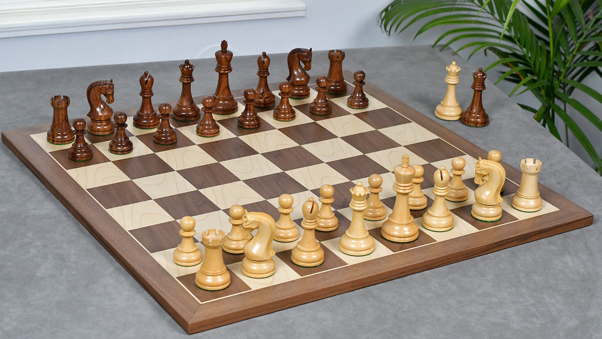 4.0" Leningrad Club-Sized Wooden Chess Pieces in Sheesham Wood (Golden Rosewood) & Boxwood - 1200 Grams