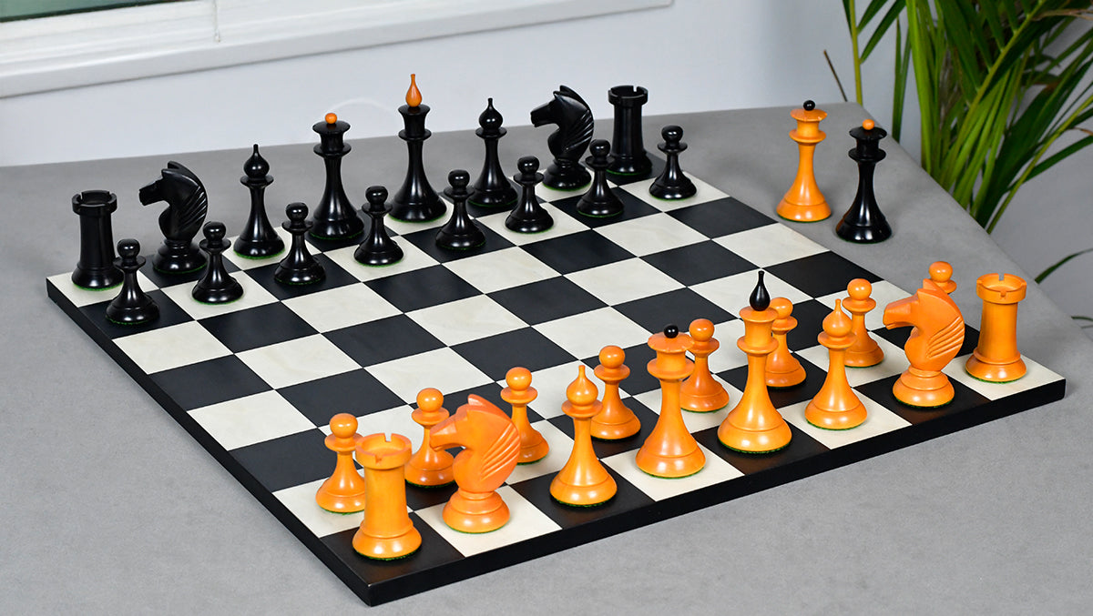 1950s' Soviet Russian (The Queen's Gambit) Latvian Chess Pieces in Ebonized Boxwood / Antiqued Boxwood - 4.1" King Weight 1050 - grams