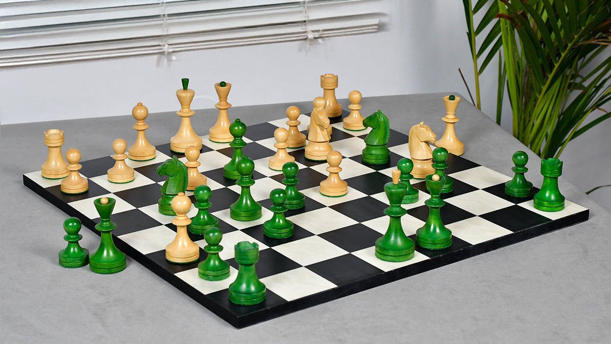 Russian (Soviet Era) Series Chess Pieces in Stained Green Ash Burl / Boxwood - 3.7" King