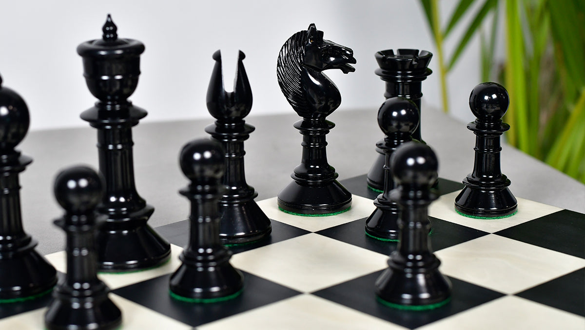 Exclusive Repro Old Antique Edinburgh Upright Chess Pieces in Distressed Boxwood and Ebonized Wood - 4.4" King with Extra Queens