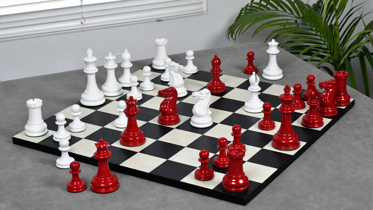 1849 Original Staunton Pattern Painted Chess Pieces (Lacquer Finished) Red Painted Crimson & Ivory White - 4.5" King