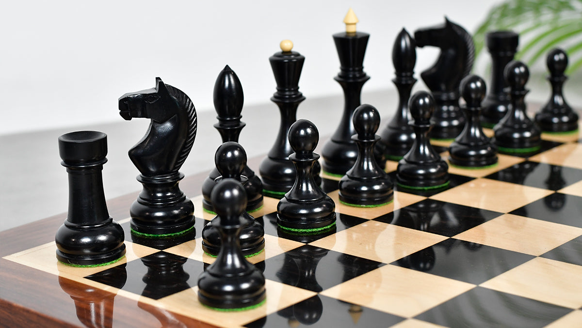 Combo Of Circa 1930s "Leningrad Schoolboy" 4.2 inch King Soviet Chess Pieces in Ebonized & Boxwood - 1530 grams With Solid Wooden Indian Chess Board in Genuine Ebony Wood & Maple Wood with Sheesham Wood Border