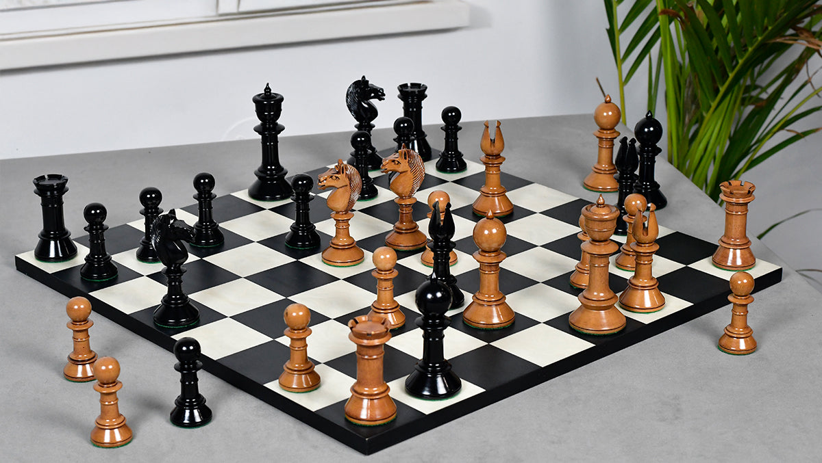 Exclusive Repro Old Antique Edinburgh Upright Chess Pieces in Distressed Boxwood and Ebonized Wood - 4.4" King with Extra Queens