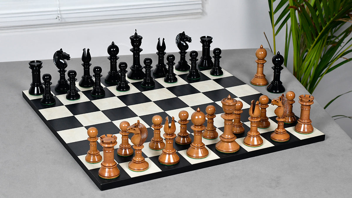 Exclusive Repro Old Antique Edinburgh Upright Chess Pieces in Distressed Boxwood and Ebonized Wood - 4.4" King with Extra Queens
