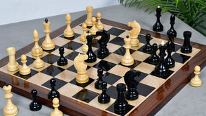 Combo Of Circa 1930s "Leningrad Schoolboy" 4.2 inch King Soviet Chess Pieces in Ebonized & Boxwood - 1530 grams With Solid Wooden Indian Chess Board in Genuine Ebony Wood & Maple Wood with Sheesham Wood Border