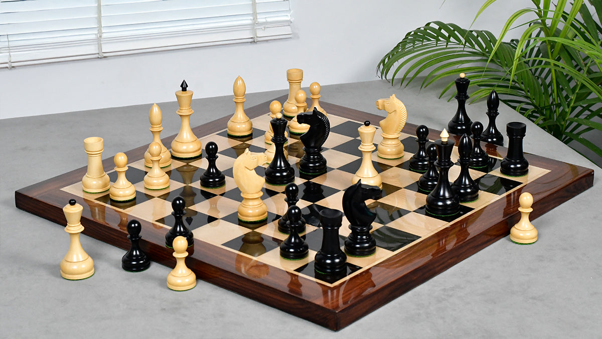 Combo Of Circa 1930s "Leningrad Schoolboy" 4.2 inch King Soviet Chess Pieces in Ebonized & Boxwood - 1530 grams With Solid Wooden Indian Chess Board in Genuine Ebony Wood & Maple Wood with Sheesham Wood Border
