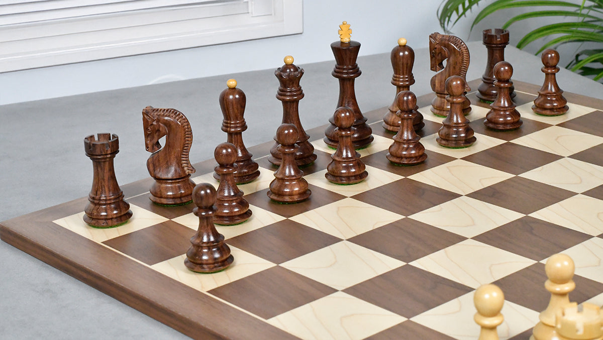Combo Of 1959 World Chess Championship Russian Zagreb Weighted Chess Pieces in Sheesham / Natural Boxwood 4.14" - King With Wooden Walnut / Maple Chess Board