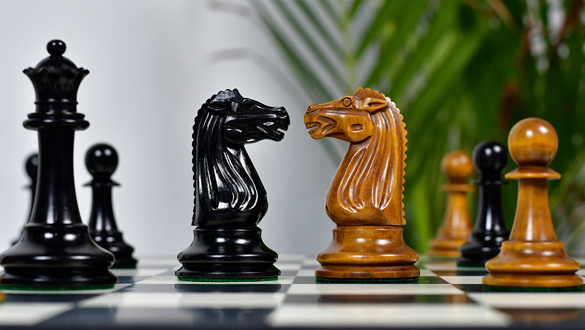 Circa 1887 Turner Teich Soviet-Staunton Style Weighted 4" Chess Pieces in Ebony & Antiqued Boxwood - 1700 Grams Weight