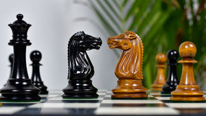 Circa 1887 Turner Teich Soviet-Staunton Style Weighted 4" Chess Pieces in Ebony & Antiqued Boxwood - 1700 Grams Weight