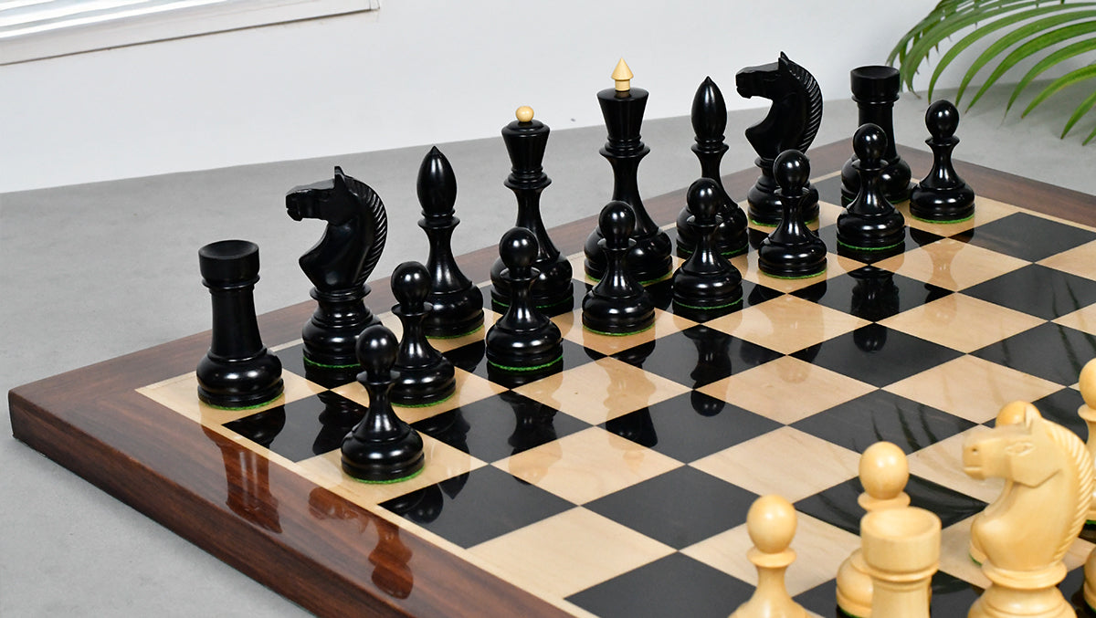 Combo Of Circa 1930s "Leningrad Schoolboy" 4.2 inch King Soviet Chess Pieces in Ebonized & Boxwood - 1530 grams With Solid Wooden Indian Chess Board in Genuine Ebony Wood & Maple Wood with Sheesham Wood Border