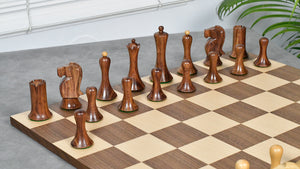 Combo Of Minimalist Soviet-Style Chess Pieces In Sheesham & Boxwood - 3.7” King With Minimalist Walnut Maple Wooden Chess Board Matte Finish