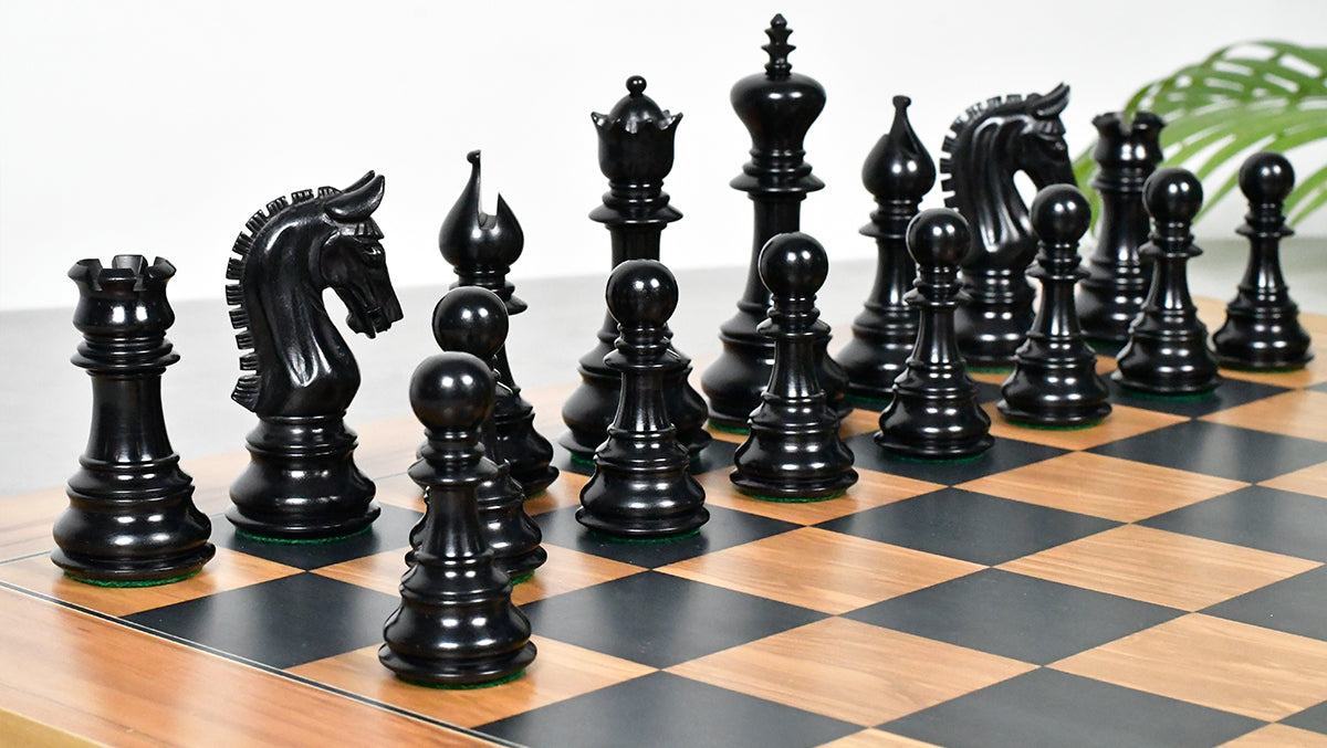 Combo Of War Admiral Antiqued Chess Pieces – 4.4" King – Handcrafted Staunton Design in Ebony Wood & Antiqued Boxwood With Wooden Black Dyed Poplar Olive Chess Board