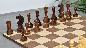 Combo Of Circa 1930s "Leningrad Schoolboy" Soviet Chess Pieces 4.2 inch King in Sheesham & Boxwood - 1530 Grams With Minimalist Walnut Maple Wooden Chess Board Matte Finish