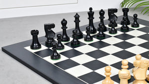Combo Of Old Vintage English Staunton Series Chess Pieces in Ebonized Wood & Boxwood - 3.8" King With Wooden Black Anigre/ Maple Chess Board