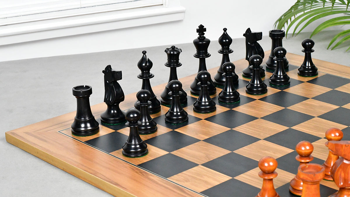 Combo Of The 1973 Philippines Repro International Tournament Chess Pieces in 4.2 Inch King Ebonized & Distressed Antique With Wooden Black Dyed Poplar Olive Chess Board