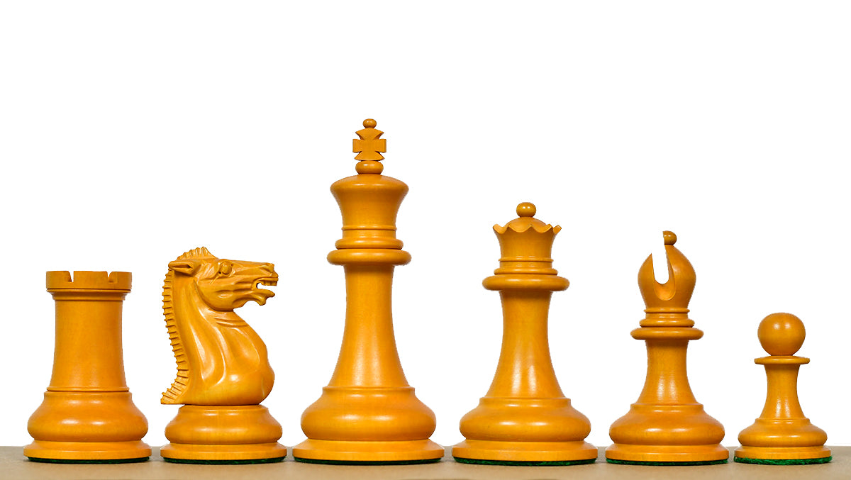 4.5" King - 1849 Original Staunton Pattern Triple Weighted Wooden Chess Pieces in Genuine Ebony & Antiqued Boxwood w/ King Side Stamping