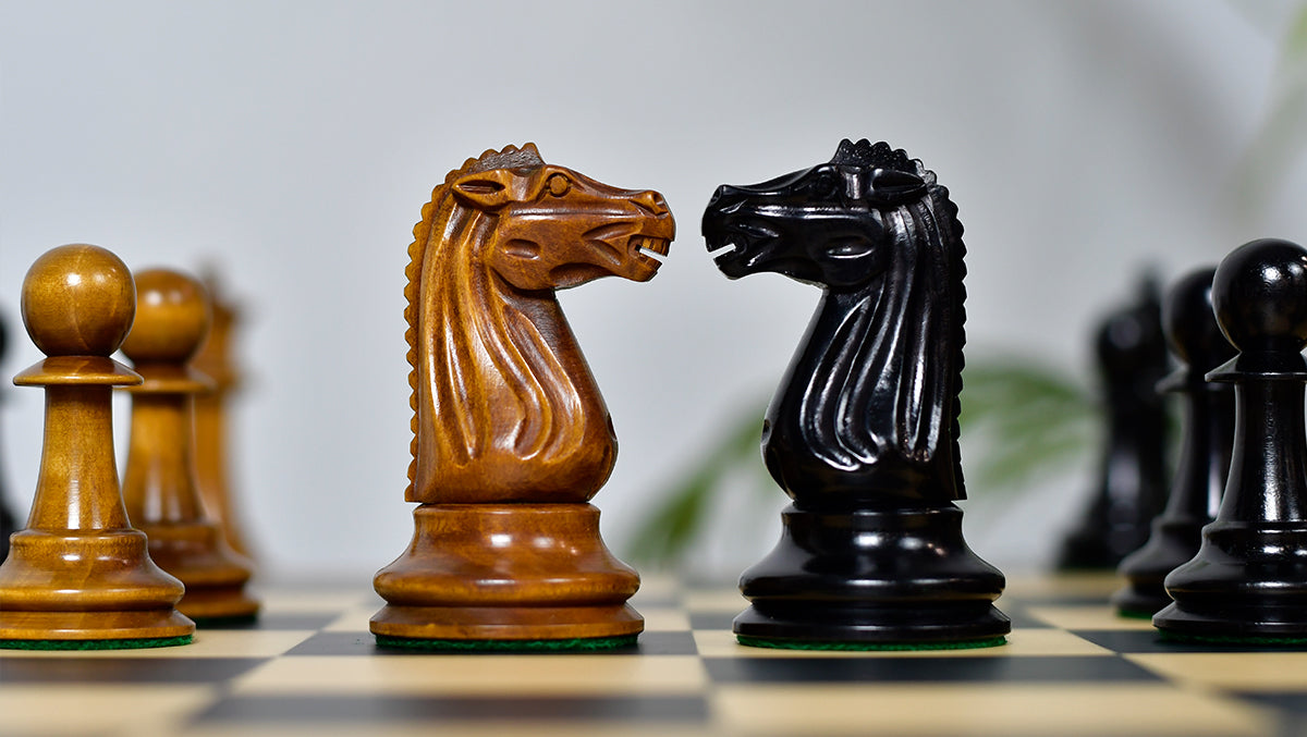 Combo Of Circa 1887 Turner Teich Soviet-Staunton Style Weighted 4" Chess Pieces in Ebony & Antiqued Boxwood With Wooden Deluxe Black Dyed Poplar & Sycamore with Matte Finish Chess Board