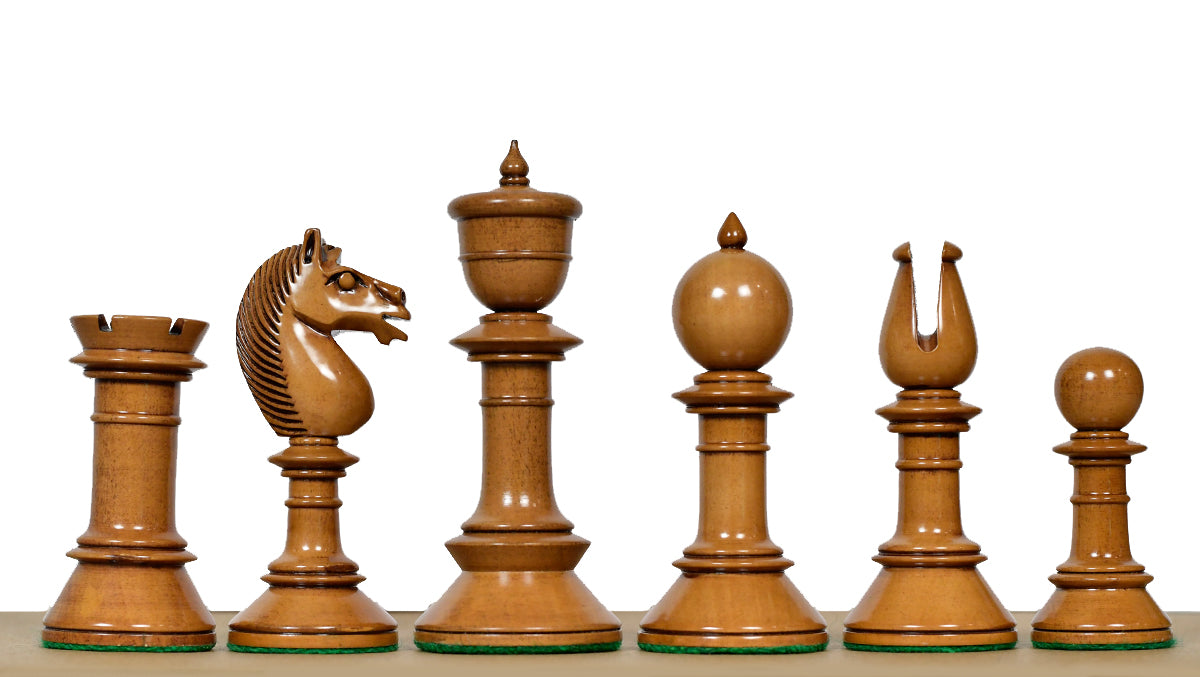 Exclusive Repro Old Antique Edinburgh Upright Chess Pieces in Distressed Boxwood and Ebonized Wood - 4.4" King with Extra Queens