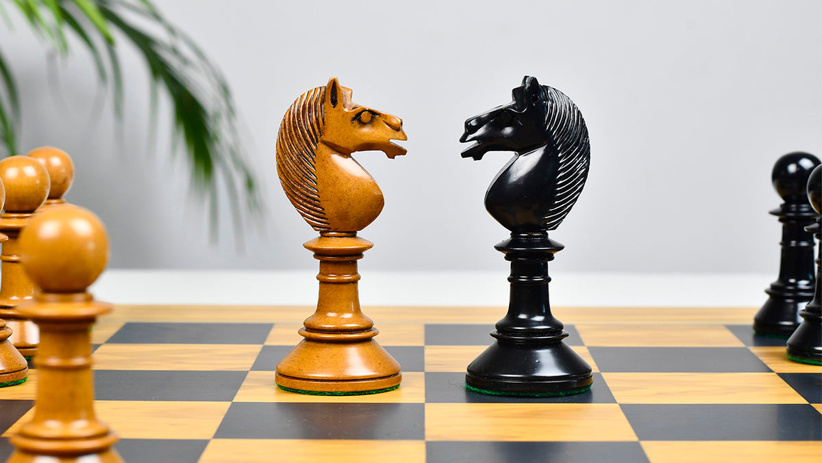 Exclusive Repro Old Antique Edinburgh Upright Chess Pieces in Distressed Boxwood and Ebonized Wood - 4.4" King with Extra Queens