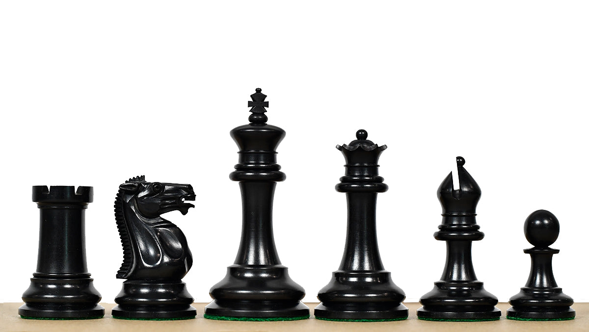 1880s-90s Circa Lasker Staunton Pattern Antique Chess Pieces in Ebony / Boxwood with King Side Stamping - 3.75" King