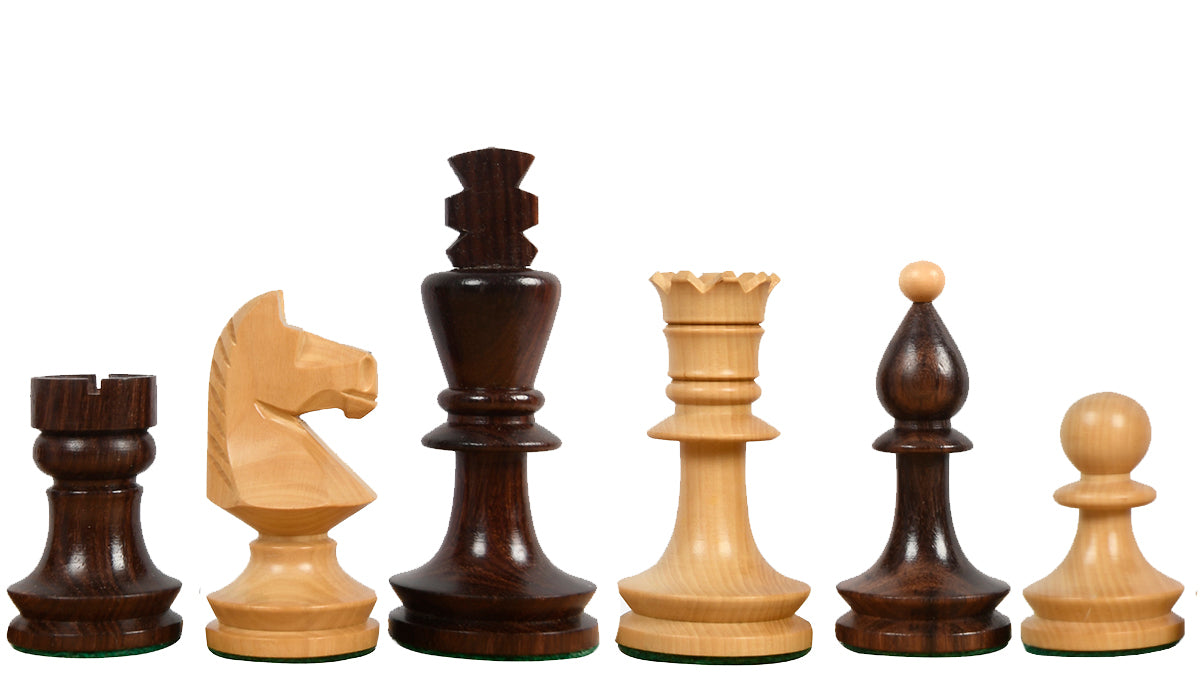 Reproduced Romanian-Hungarian National Tournament Weighted Chess Pieces in Indian Rosewood & Natural Boxwood - 3.8" King