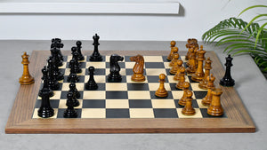 Combo Of Circa 1887 Turner Teich Soviet-Staunton Style Weighted 4" Chess Pieces in Ebony & Antiqued Boxwood With Wooden Deluxe Black Dyed Poplar & Sycamore with Matte Finish Chess Board