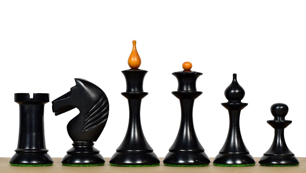 1950s' Soviet (Russian) Latvian Chess Pieces in Ebonized Boxwood / Antiqued Boxwood - 4.1" King Weight 1050 - grams