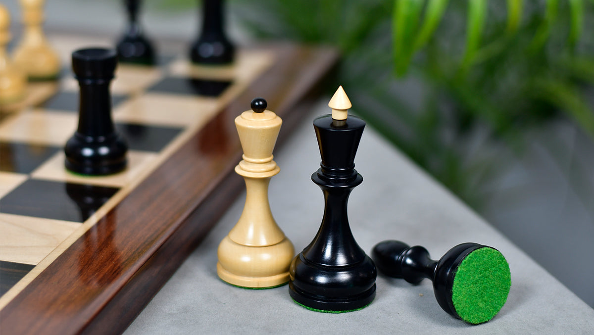 Combo Of Circa 1930s "Leningrad Schoolboy" 4.2 inch King Soviet Chess Pieces in Ebonized & Boxwood - 1530 grams With Solid Wooden Indian Chess Board in Genuine Ebony Wood & Maple Wood with Sheesham Wood Border