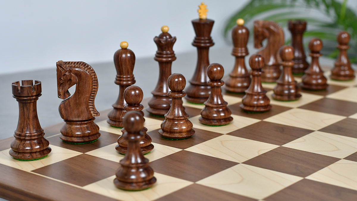Combo Of 1959 World Chess Championship Russian Zagreb Weighted Chess Pieces in Sheesham / Natural Boxwood 4.14" - King With Wooden Walnut / Maple Chess Board