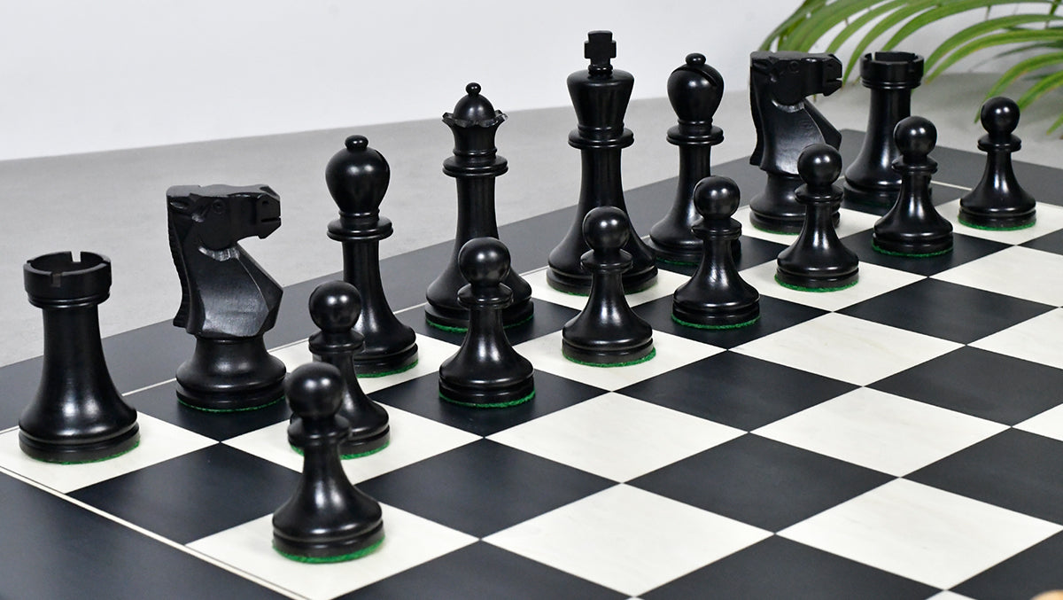 Combo Of Old Vintage English Staunton Series Chess Pieces in Ebonized Wood & Boxwood - 3.8" King With Wooden Black Anigre/ Maple Chess Board