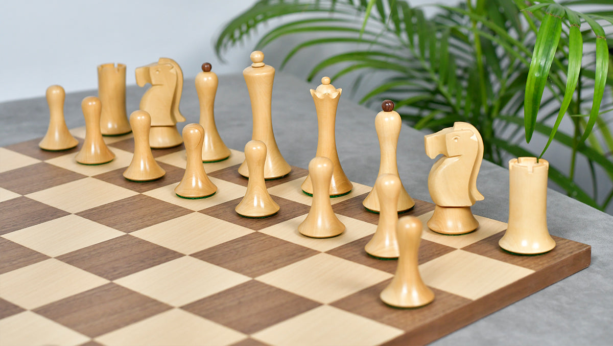 Combo Of Minimalist Soviet-Style Chess Pieces In Sheesham & Boxwood - 3.7” King With Minimalist Walnut Maple Wooden Chess Board Matte Finish