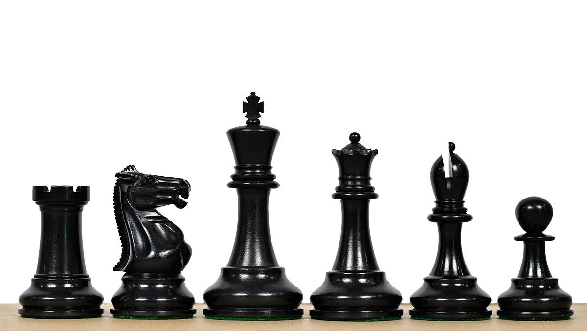 1900s' Marshall Staunton Pattern Chess Pieces in Ebony / Antiqued Boxwood with King Side Stamping - 3.75" King