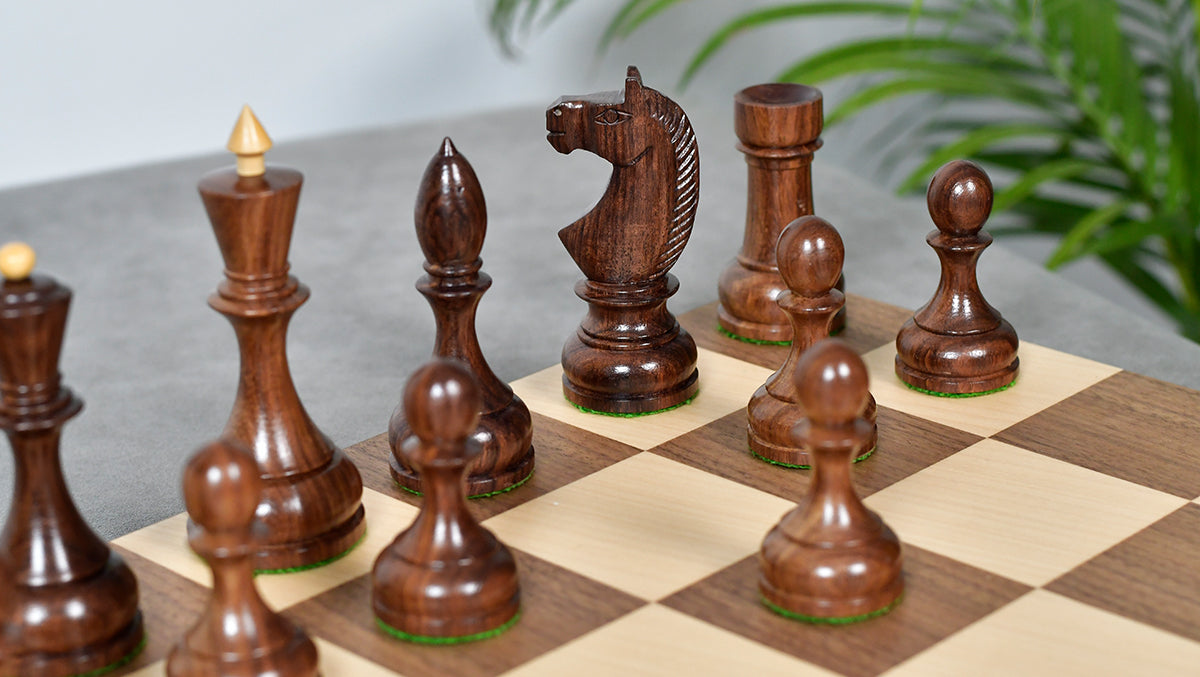 Combo Of Circa 1930s "Leningrad Schoolboy" Soviet Chess Pieces 4.2 inch King in Sheesham & Boxwood - 1530 Grams With Minimalist Walnut Maple Wooden Chess Board Matte Finish