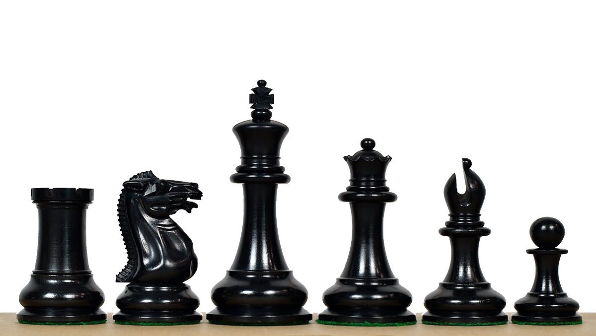 4.5" King - 1849 Original Staunton Pattern Triple Weighted Wooden Chess Pieces in Genuine Ebony & Antiqued Boxwood w/ King Side Stamping
