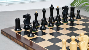 Combo Of Minimalist Soviet-Style Chess Pieces In Ebonized & Boxwood - 3.7” King With Wooden Ebony Wood / Maple Wood Chess Board