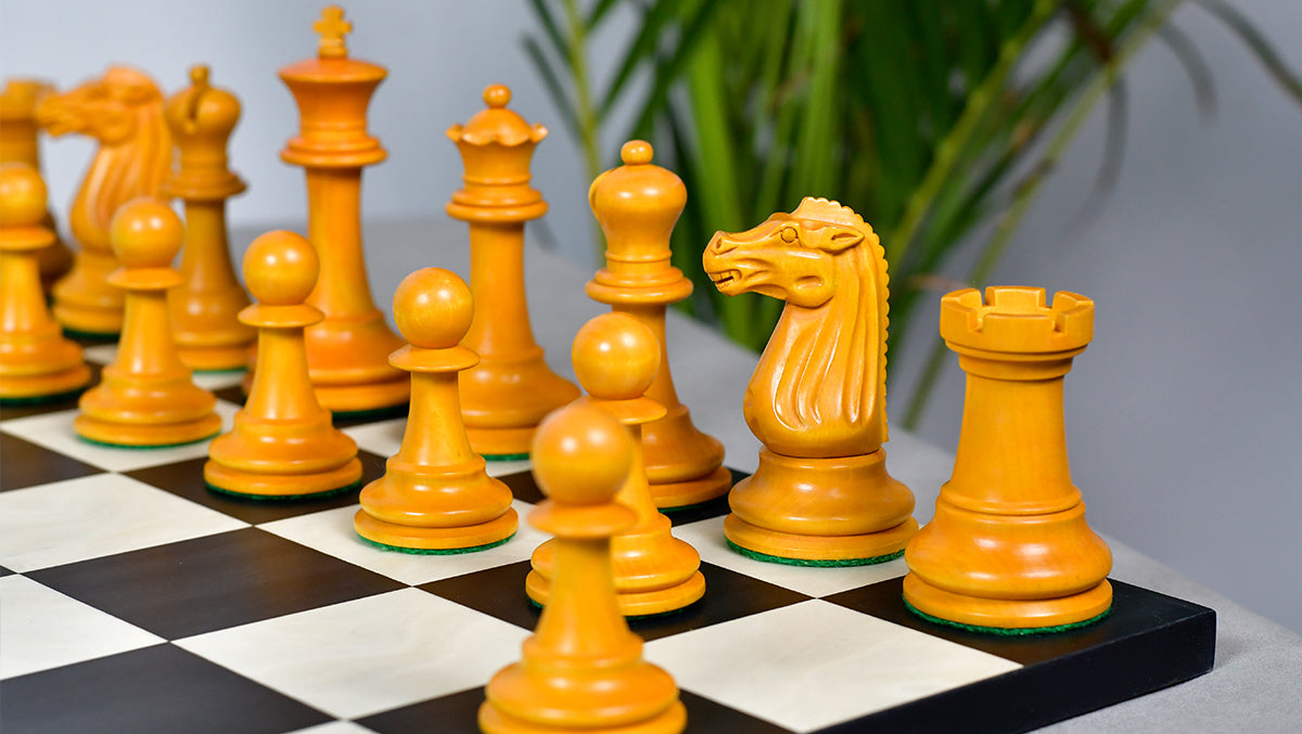 Circa 1887 Turner Teich Soviet-Staunton Style Weighted 4" Chess Pieces in Ebony & Golden Antique Boxwood - 1700 Grams Weight