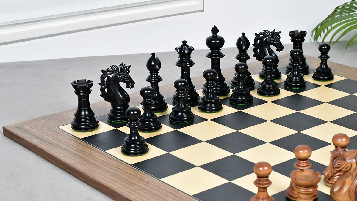 Combo Of American Adios Series Luxury Chess Pieces in Distressed Boxwood & Ebony Wood - 4.4" King With Wooden Black Dyed Poplar Sycamore Chess Board