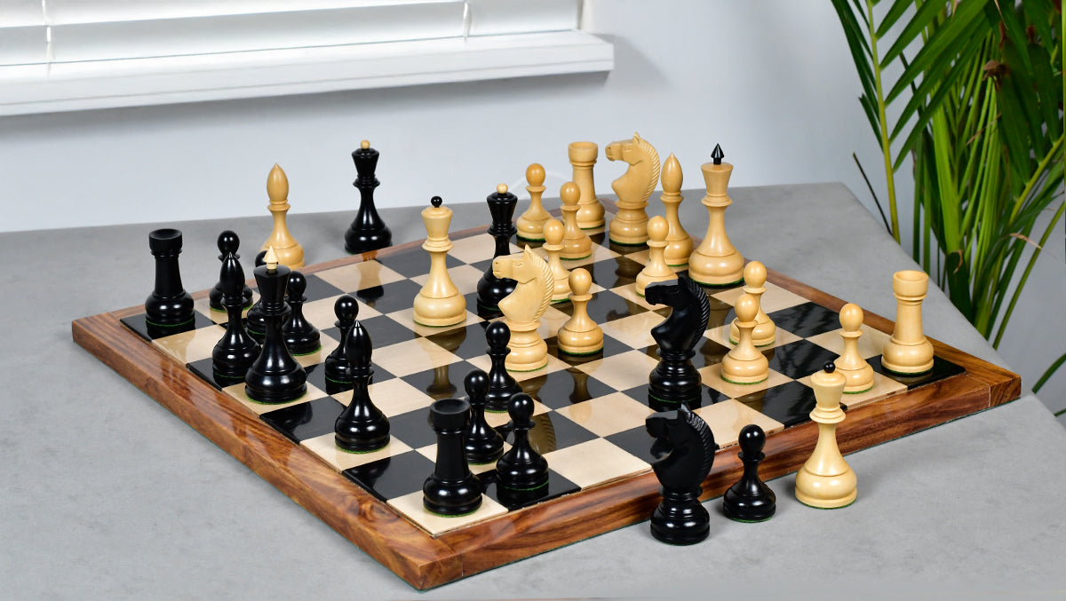 Circa 1930s "Leningrad Schoolboy" 4.2 inch King Soviet Chess Pieces in Ebonized & Boxwood - 1530 grams