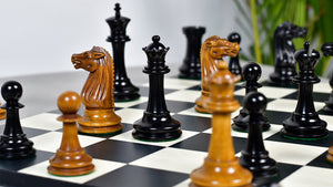Circa 1887 Turner Teich Soviet-Staunton Style Weighted 4" Chess Pieces in Ebony & Antiqued Boxwood - 1700 Grams Weight