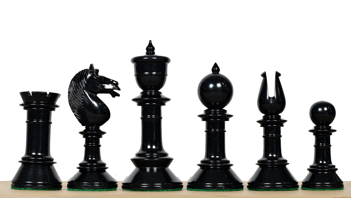 Exclusive Repro Old Antique Edinburgh Upright Chess Pieces in Distressed Boxwood and Ebonized Wood - 4.4" King with Extra Queens