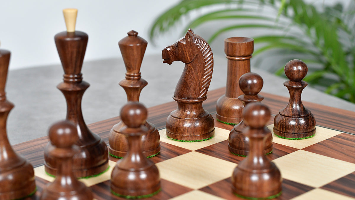 The Soviet Era 1950s' Botvinnik Tournament Weighted Chess Pieces in Sheesham & Boxwood 4.4 inch King - With Santos Palisander pr & Sycamore Chess Board