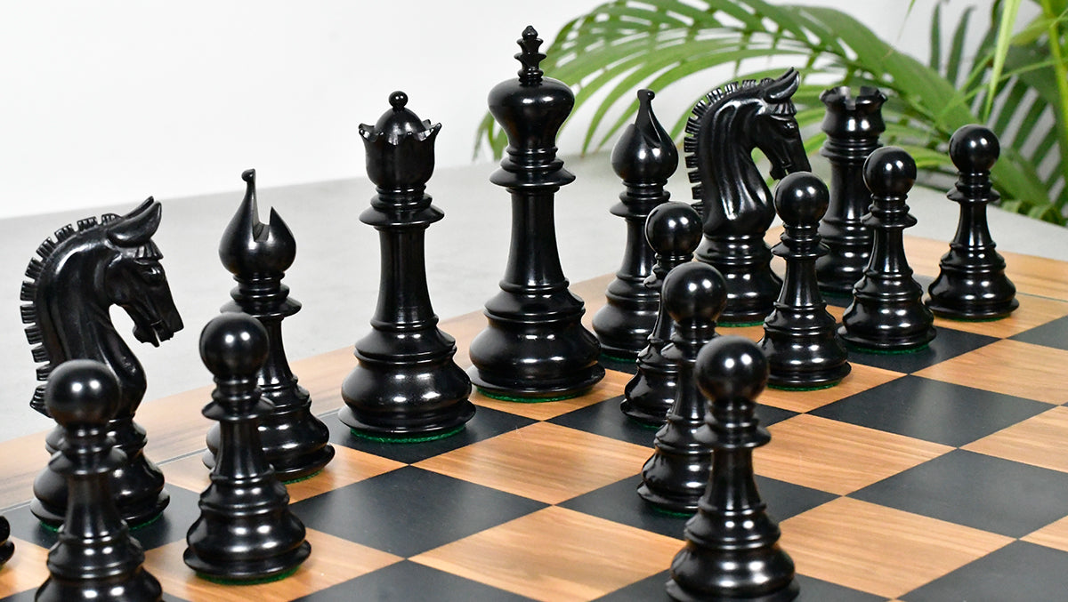 Combo Of War Admiral Antiqued Chess Pieces – 4.4" King – Handcrafted Staunton Design in Ebony Wood & Antiqued Boxwood With Wooden Black Dyed Poplar Olive Chess Board