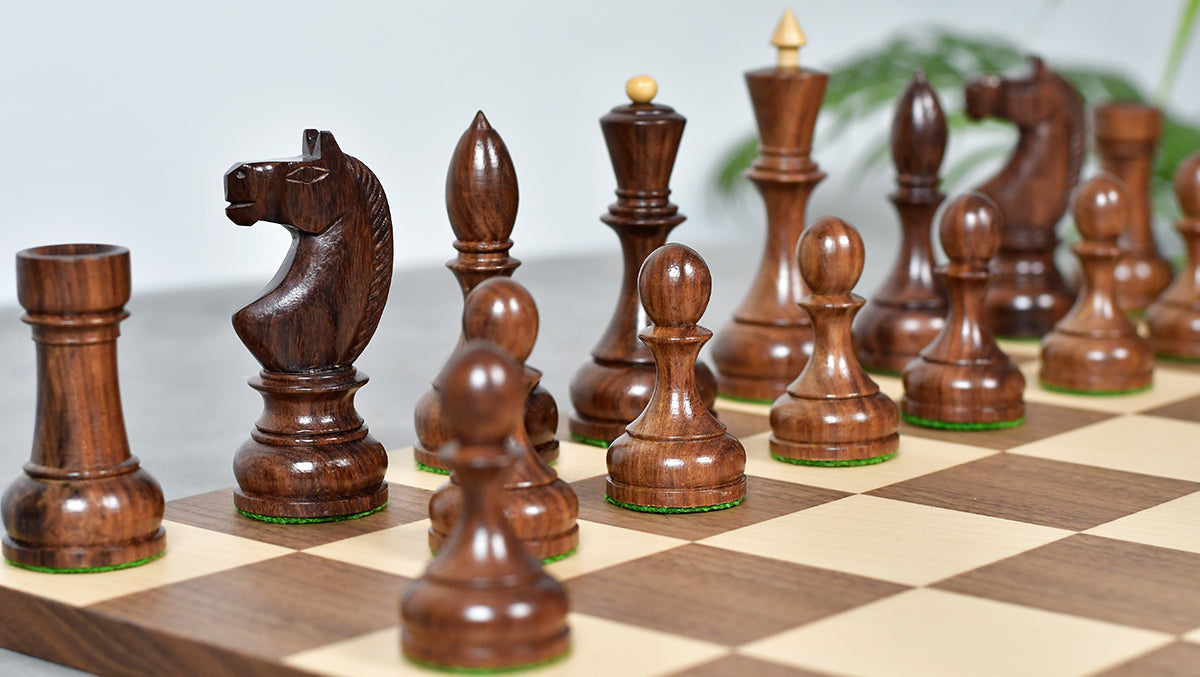 Combo Of Circa 1930s "Leningrad Schoolboy" Soviet Chess Pieces 4.2 inch King in Sheesham & Boxwood - 1530 Grams With Minimalist Walnut Maple Wooden Chess Board Matte Finish