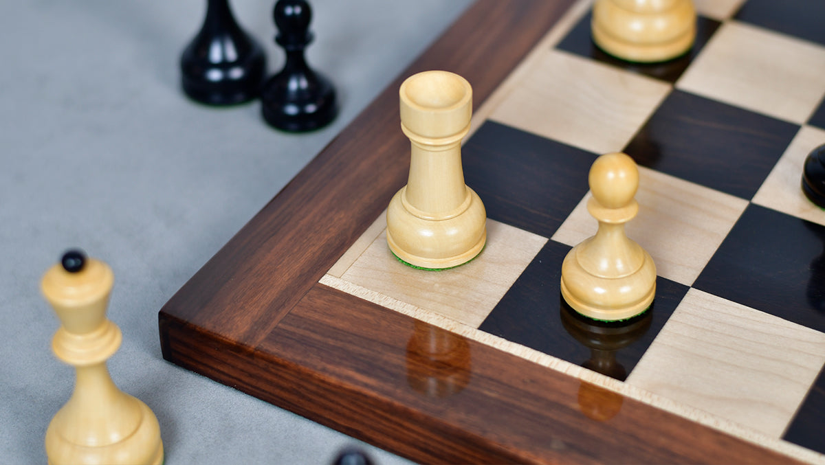 Combo Of Circa 1930s "Leningrad Schoolboy" 4.2 inch King Soviet Chess Pieces in Ebonized & Boxwood - 1530 grams With Solid Wooden Indian Chess Board in Genuine Ebony Wood & Maple Wood with Sheesham Wood Border