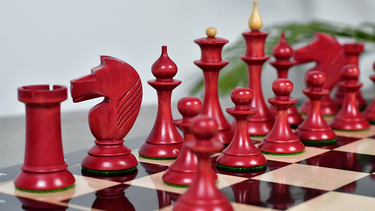 1950s' Soviet (Russian) Latvian Chess Pieces in Stained Crimson / Box Wood - 4.1" King - 1050 Grams
