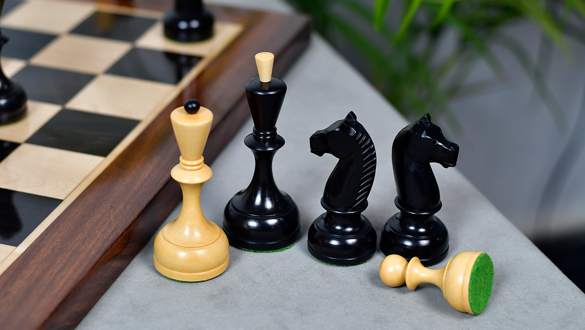 Combo Of 1950s' Botvinnik Tournament Soviet Era Chess Pieces in 4.4 inch King Ebonized Boxwood - 1480 Grams Weight With Solid Wooden Indian Chess Board in Genuine Ebony Wood & Maple Wood with Sheesham Wood Border